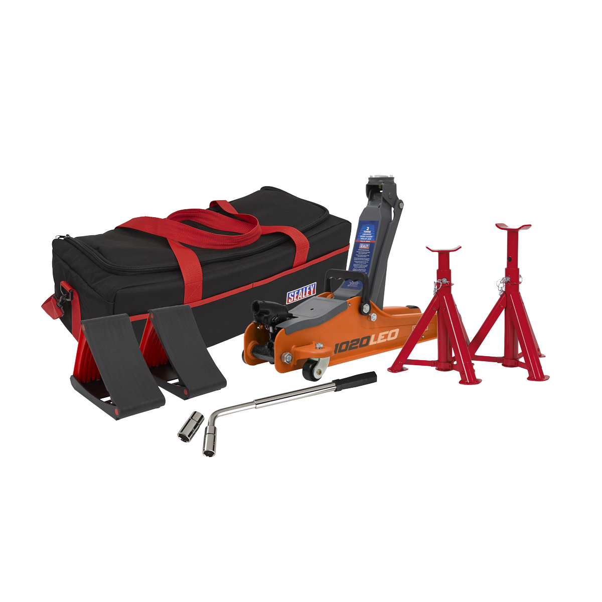 2 Tonne Low Entry Short Chassis Trolley Jack & Accessories Bag Combo - Orange