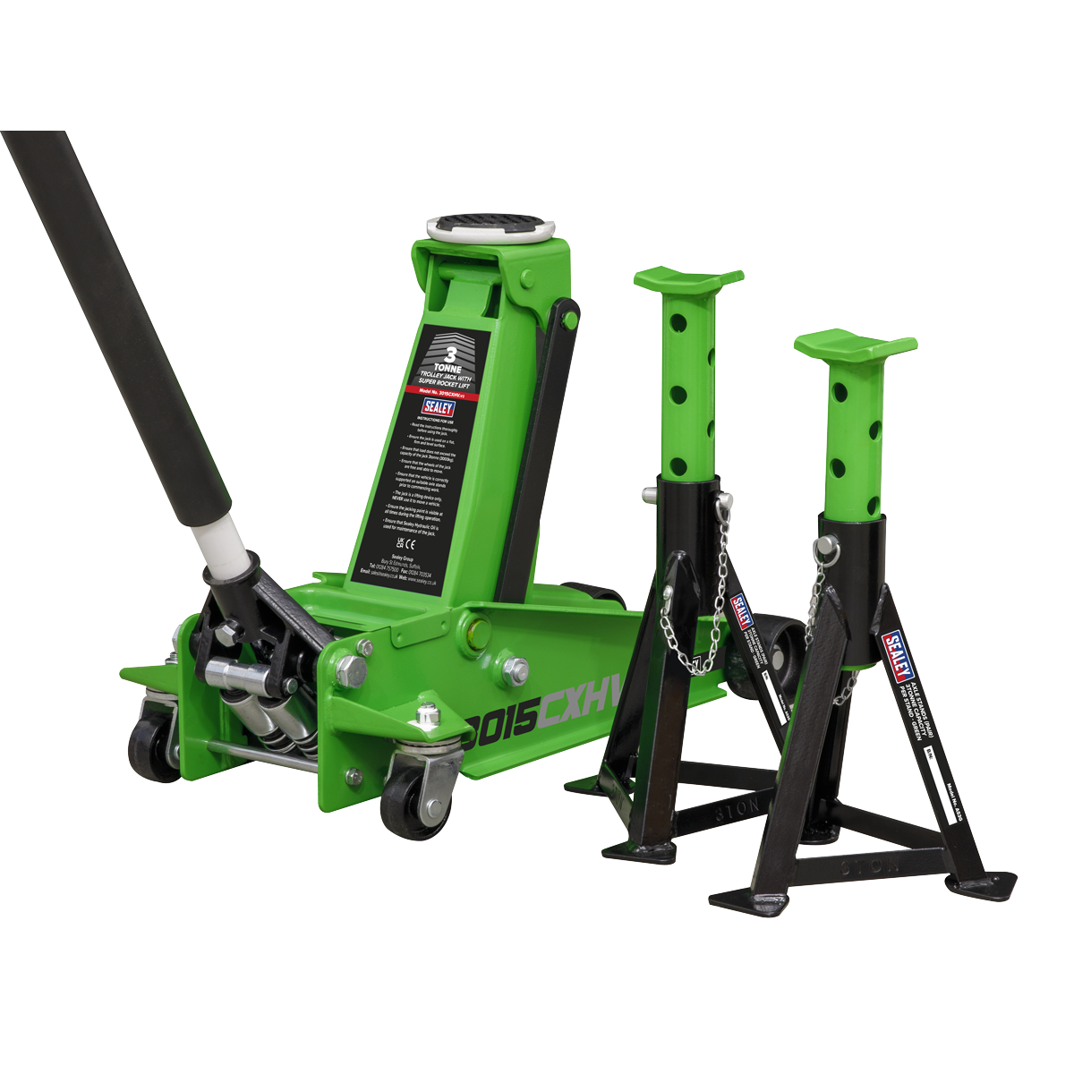 3 Tonne Trolley Jack with Super Rocket Lift & Axle Stands (Pair) - Hi-Vis Green