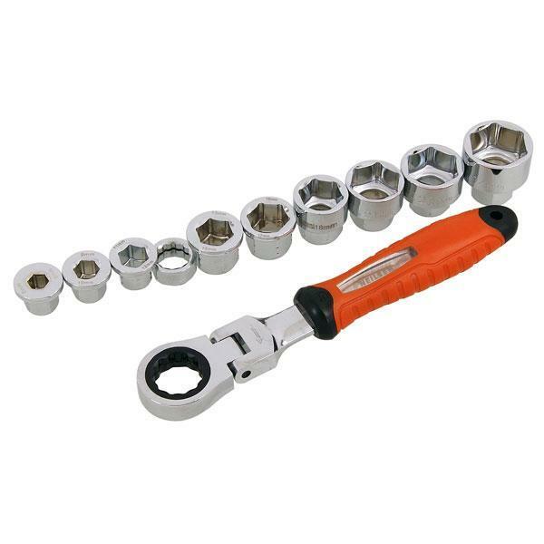 19mm Flexi-Head Ratchet Wrench Spanner & Socket Set 11pc Size 6-24mm