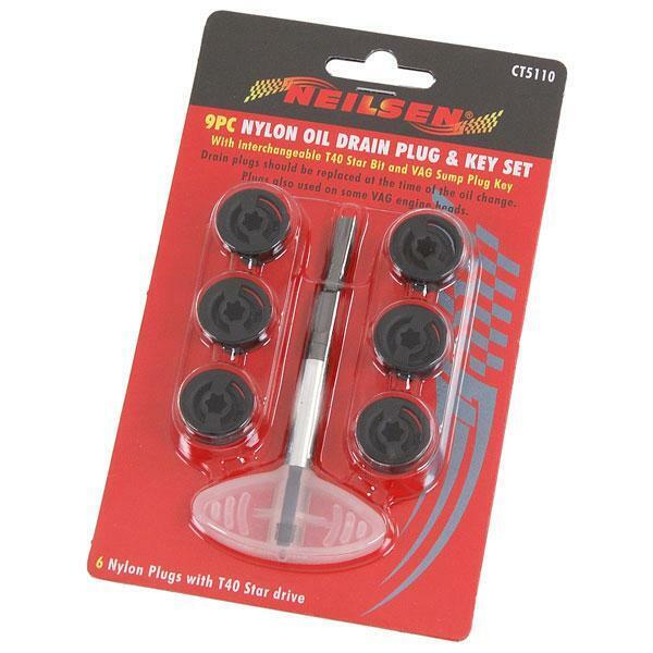 9pc Nylon Oil Drain Plug & Key Set - T40 Star Bit & Vag Sump Plug Key