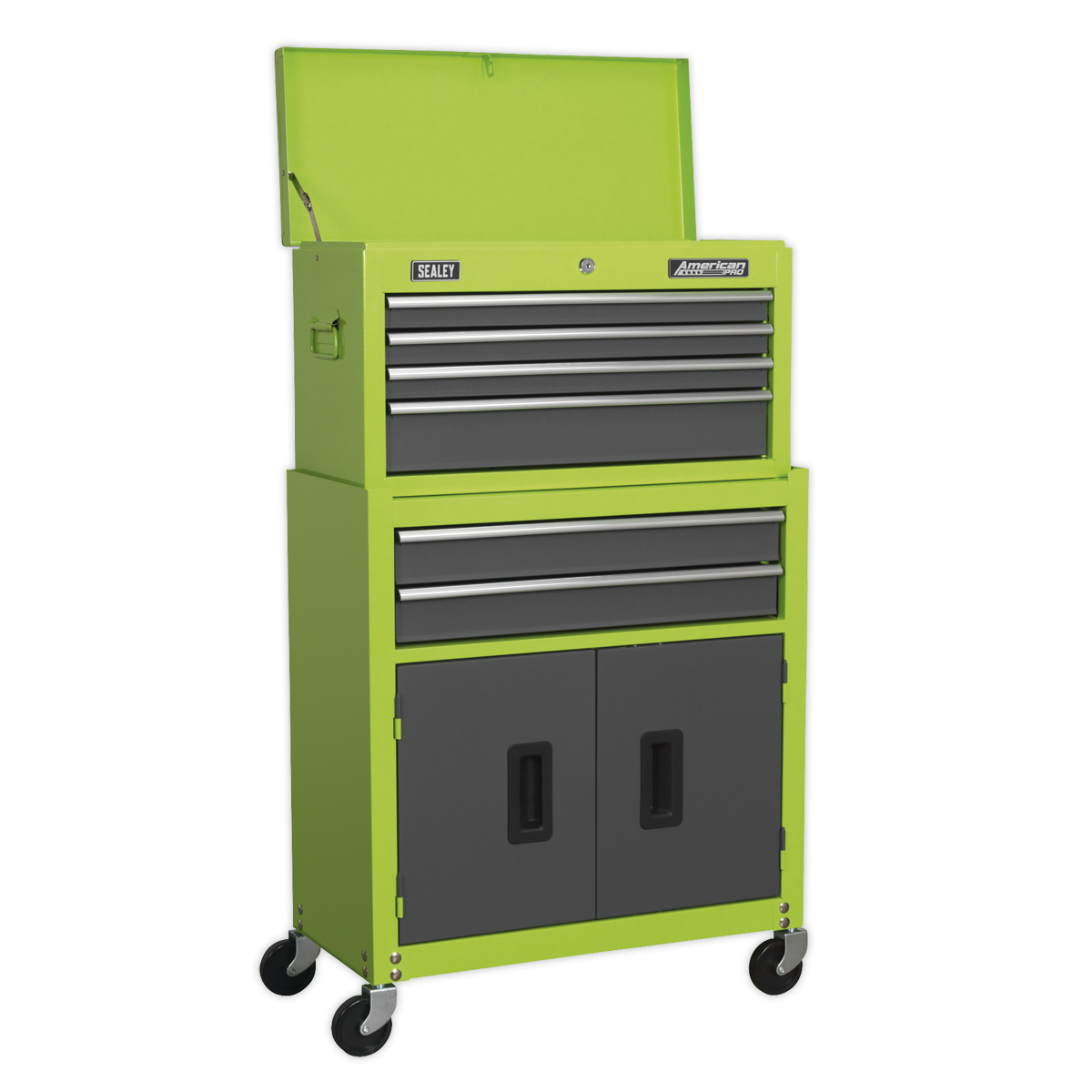 6 Drawer Topchest & Rollcab Combination with Ball-Bearing Slides - Hi-Vis Green/Grey