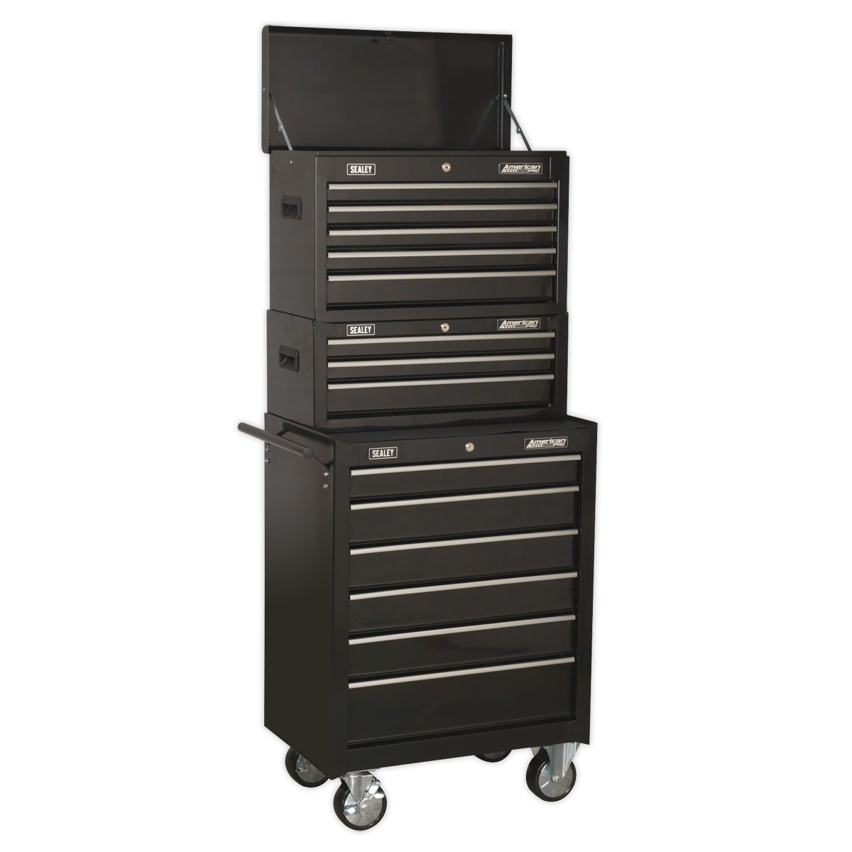 14 Drawer Topchest, Mid-Box & Rollcab Stack - Black