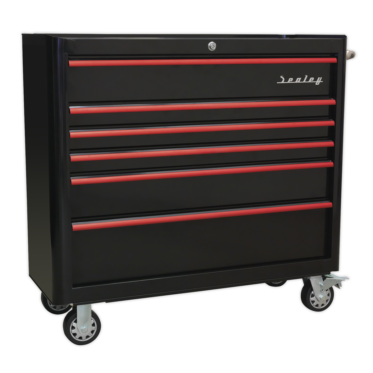6 Drawer Wide Retro Style Rollcab - Black with Red Anodised Drawer Pulls