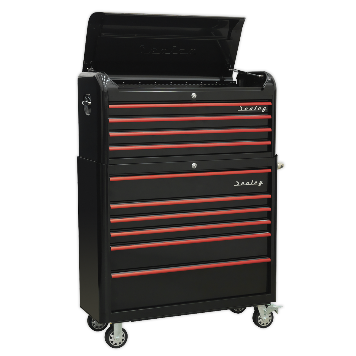 10 Drawer Retro Style Wide Topchest & Rollcab Combination - Black with Red Anodised Drawer Pull