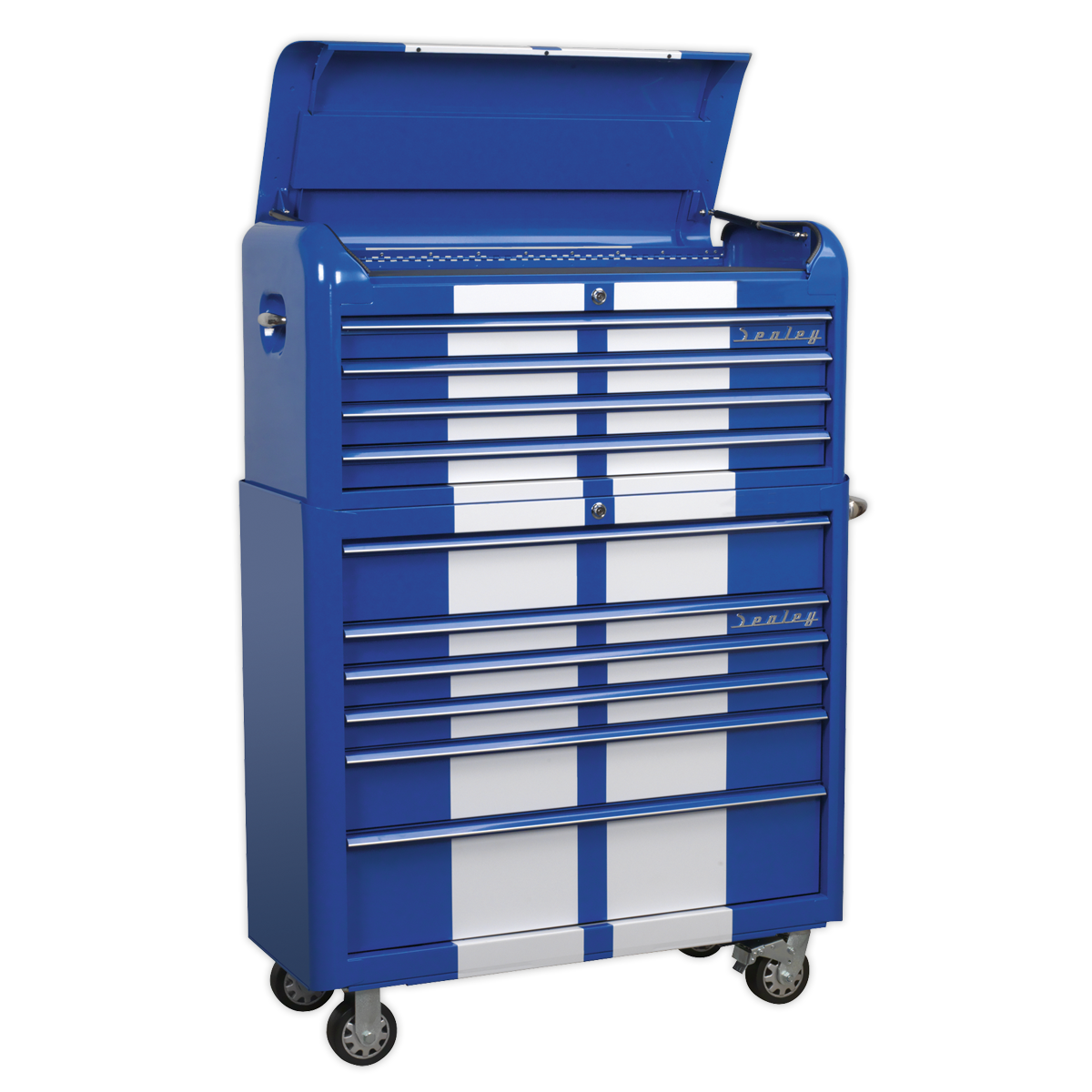 10 Drawer Retro Style Wide Topchest & Rollcab Combination Blue/White Stripes