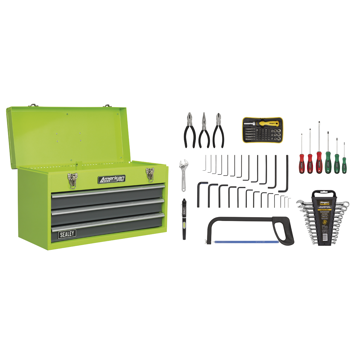 3 Drawer Portable Tool Chest with Ball-Bearing Slides - Hi-Vis & 93pc Tool Kit