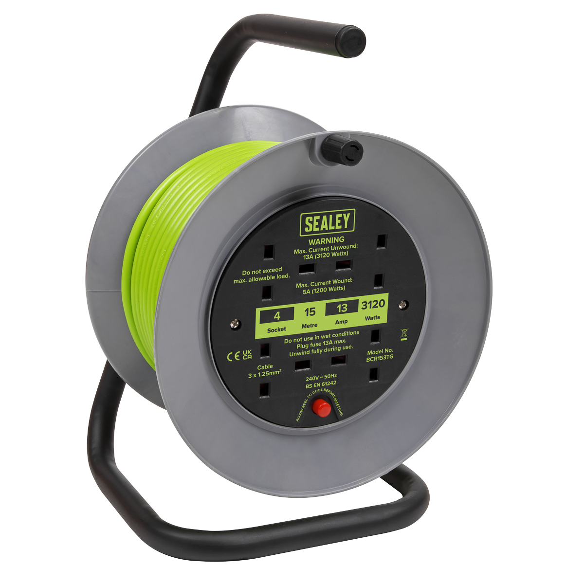 15m Cable Reel with Thermal Trip 4 x 230V - Green