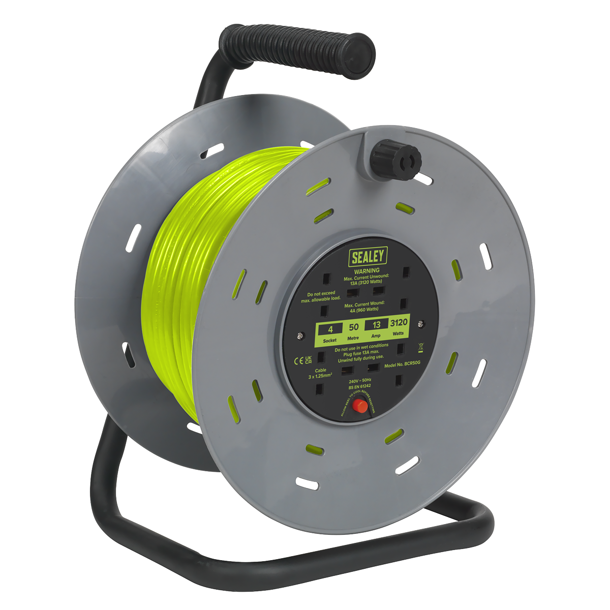 50m Cable Reel with Thermal Trip 4 x 230V Sockets - Green