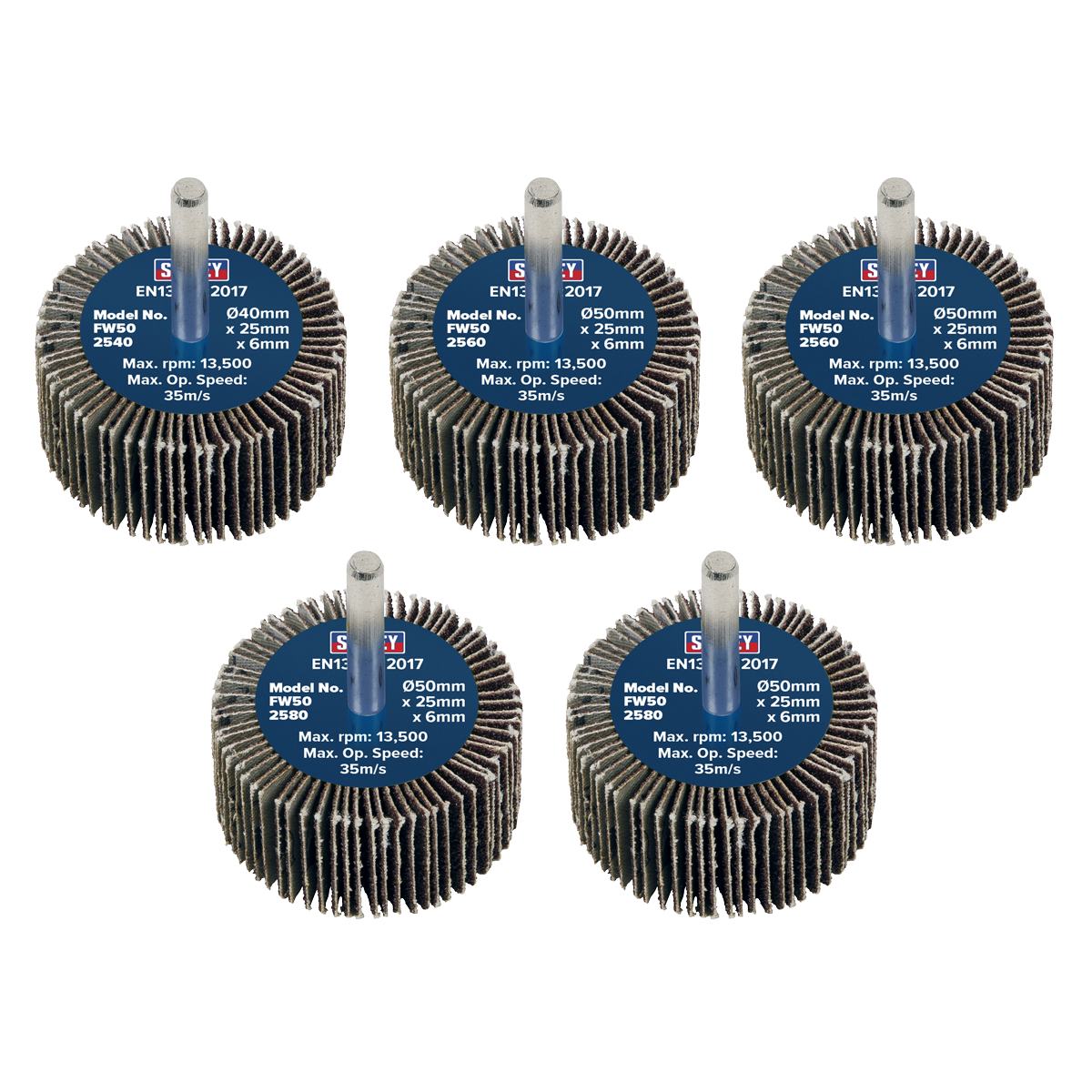 Ø50 x 25mm Flap Wheel Ø6mm Shaft Assorted Grit - Pack of 5