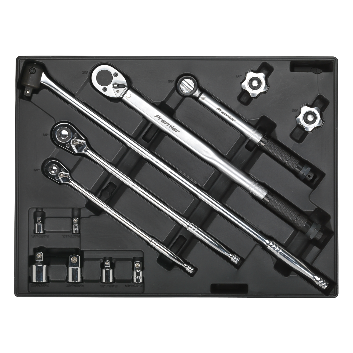 13pc Ratchet, Torque Wrench, Breaker Bar & Socket Adaptor Set with Tool Tray
