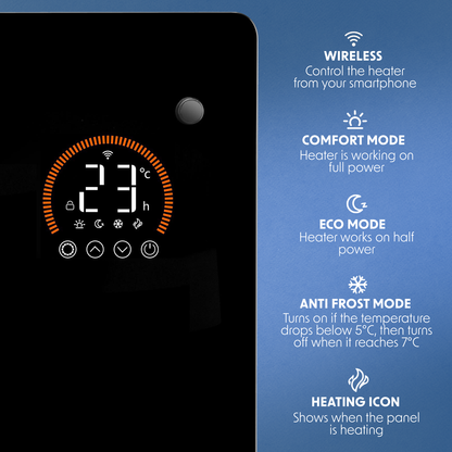 Baridi Electric Glass Panel Heater, 1500W, Thermostat Controlled 24Hr 7 Day Timer, Wi-Fi Enabled, Remote Control, Black