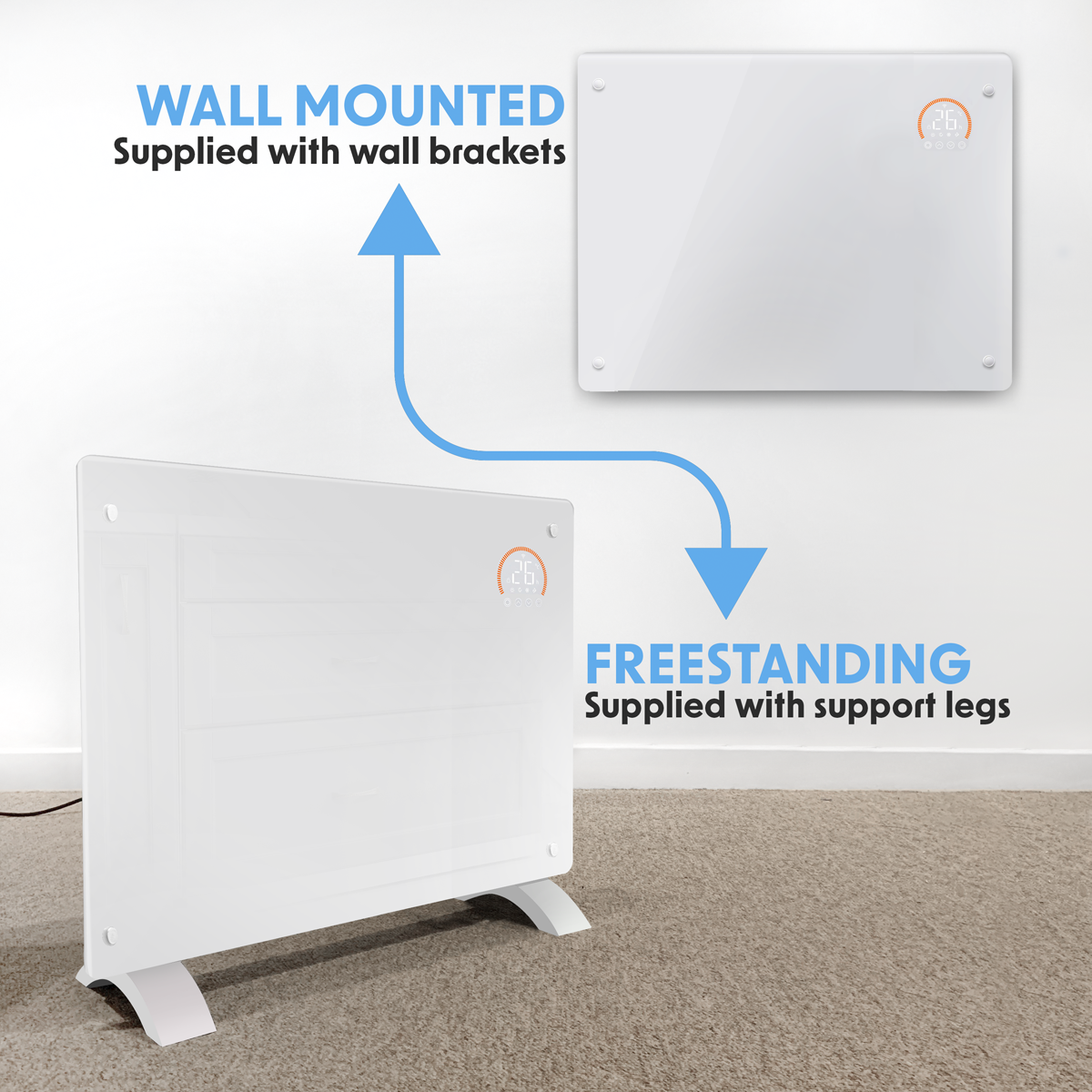 Baridi Electric Glass Panel Heater, 1500W, Thermostat Controlled 24Hr 7 Day Timer, Wi-Fi Enabled, Remote Control, White