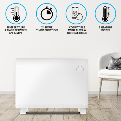 Baridi Electric Glass Panel Heater, 2000W, Thermostat Controlled 24Hr 7 Day Timer, Wi-Fi Enabled, Remote Control, White