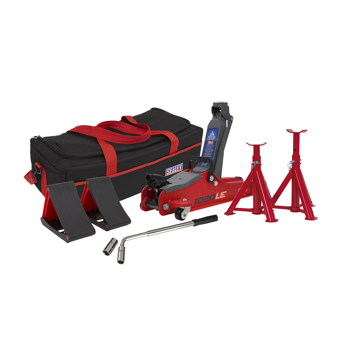 2 Tonne Low Entry Short Chassis Trolley Jack & Accessories Bag Combo - Red
