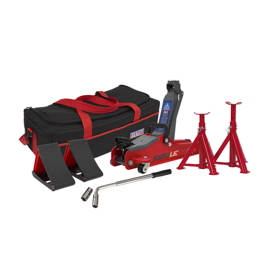 2 Tonne Low Entry Short Chassis Trolley Jack & Accessories Bag Combo - Red