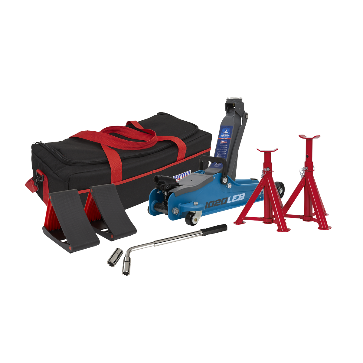 2 Tonne Low Entry Short Chassis Trolley Jack & Accessories Bag Combo - Blue