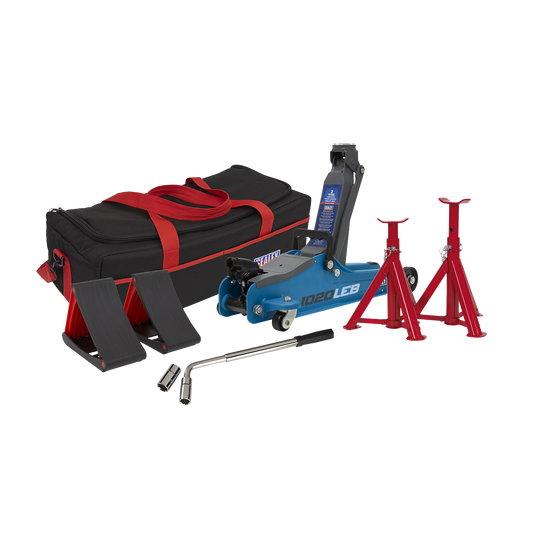 2 Tonne Low Entry Short Chassis Trolley Jack & Accessories Bag Combo - Blue