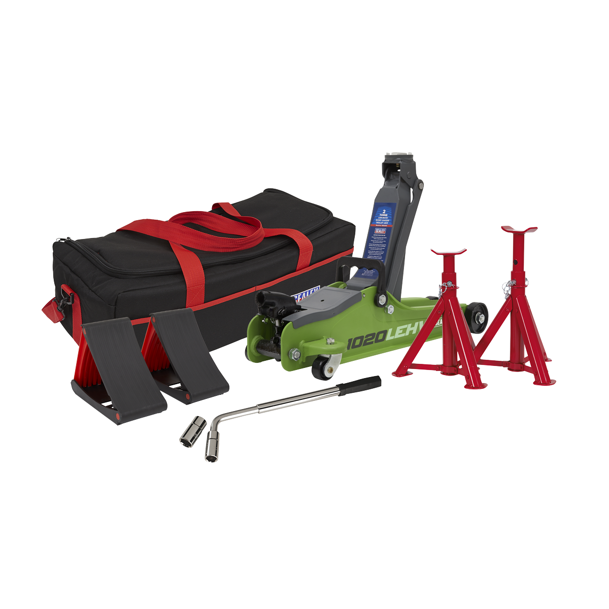 2 Tonne Low Entry Short Chassis Trolley Jack & Accessories Bag Combo - Hi-Vis Green
