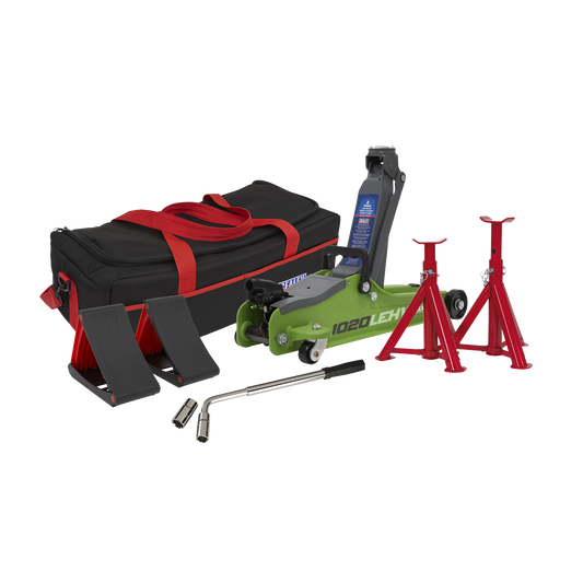 2 Tonne Low Entry Short Chassis Trolley Jack & Accessories Bag Combo - Hi-Vis Green