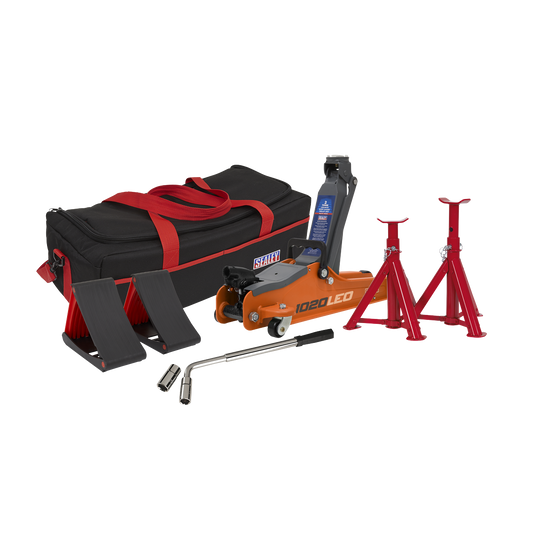 2 Tonne Low Entry Short Chassis Trolley Jack & Accessories Bag Combo - Orange