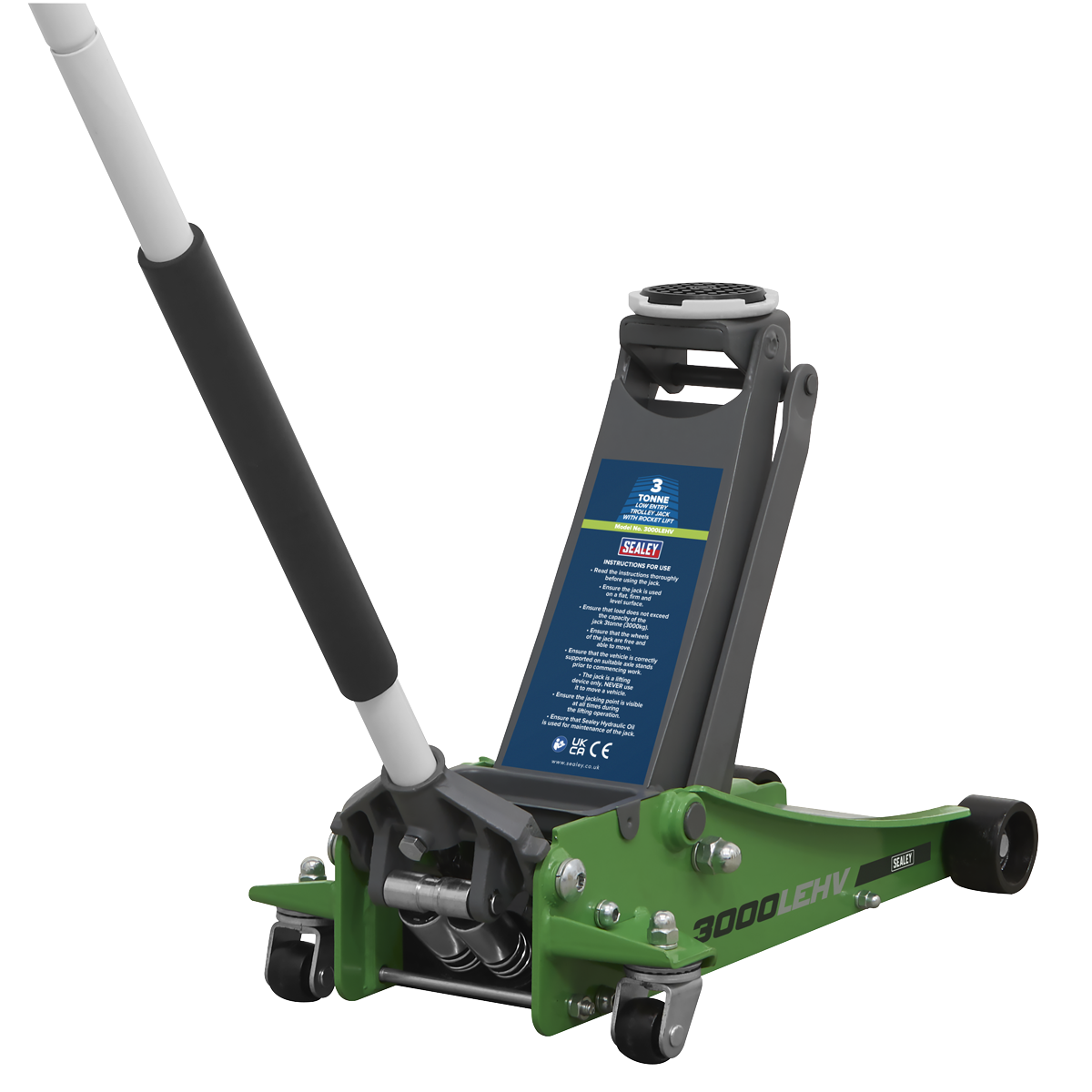 3 Tonne Low Profile Trolley Jack with Rocket Lift - Hi-Vis Green