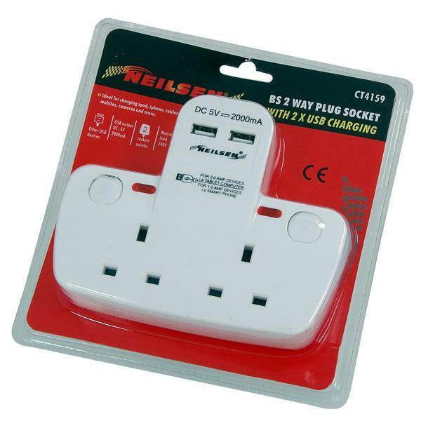 BS 2 Way Plug Splitter Socket With 2 USB Charging Ports