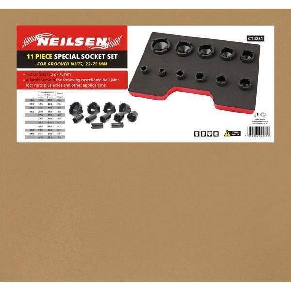 11pc Special Socket Set For Grooved Nuts, 22-75mm