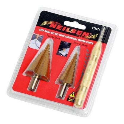 Step Drill Bits With Automatic Center Punch 3pc Set