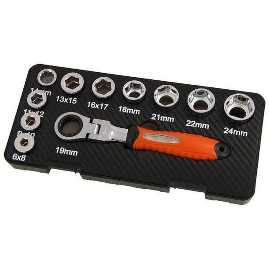 19mm Flexi-Head Ratchet Wrench Spanner & Socket Set 11pc Size 6-24mm