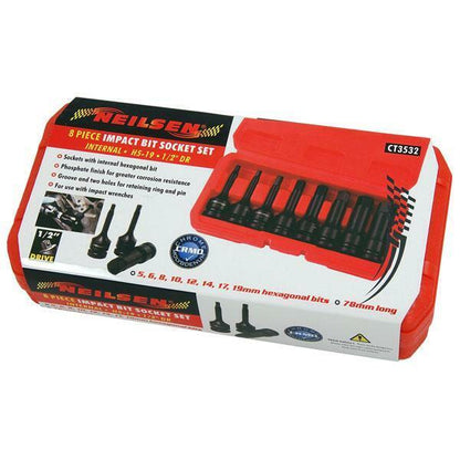 8 piece Impact Bit Socket Set, Int. Hex. 5-193m, 1/2"