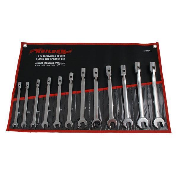 Flexi-Head Socket / Open End Wrench 12pc Set 8-19mm