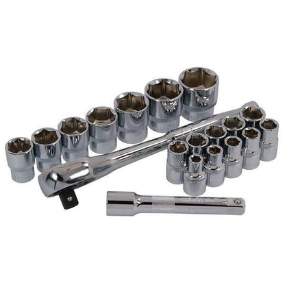 19pc 1/2" Chrome Drive Socket Set with Ratchet & Extension Bar