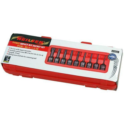 9-piece Impact Bit Socket Set, Spline, M4-16, 1/2"