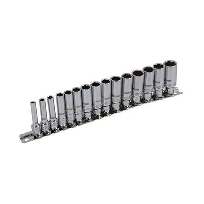 Socket Set Xion 15pc Deep 1/4 4 - 14 mm Holding Rail