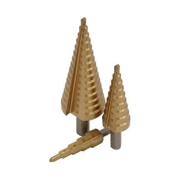 Step Drill HSS Tin Coated 3 Piece Cone Drill Bit Set