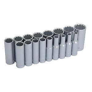 17 Piece deep socket set with holding rail - 3/8" Drive 12 Point Sockets