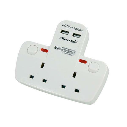 BS 2 Way Plug Splitter Socket With 2 USB Charging Ports