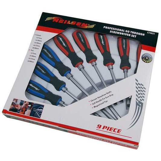 Pro Go Through Screwdriver Set 9pc Magnetic Slotted & Pozi Tips