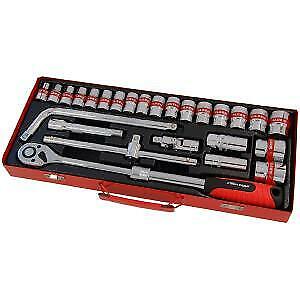 26Pc 1/2" dr Socket Set, Metal Case, Extendable Ratchet