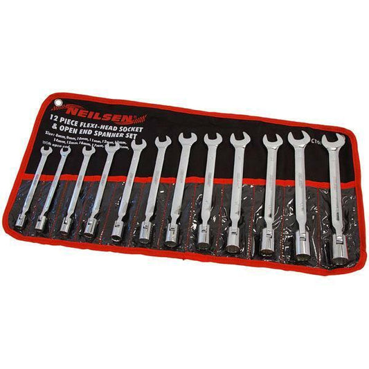 Flexi-Head Socket / Open End Wrench 12pc Set 8-19mm