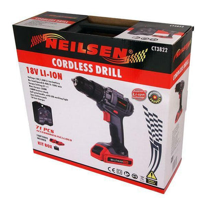 Cordless Drill Set. 18V. 2 Batteries, 71 pc accessories