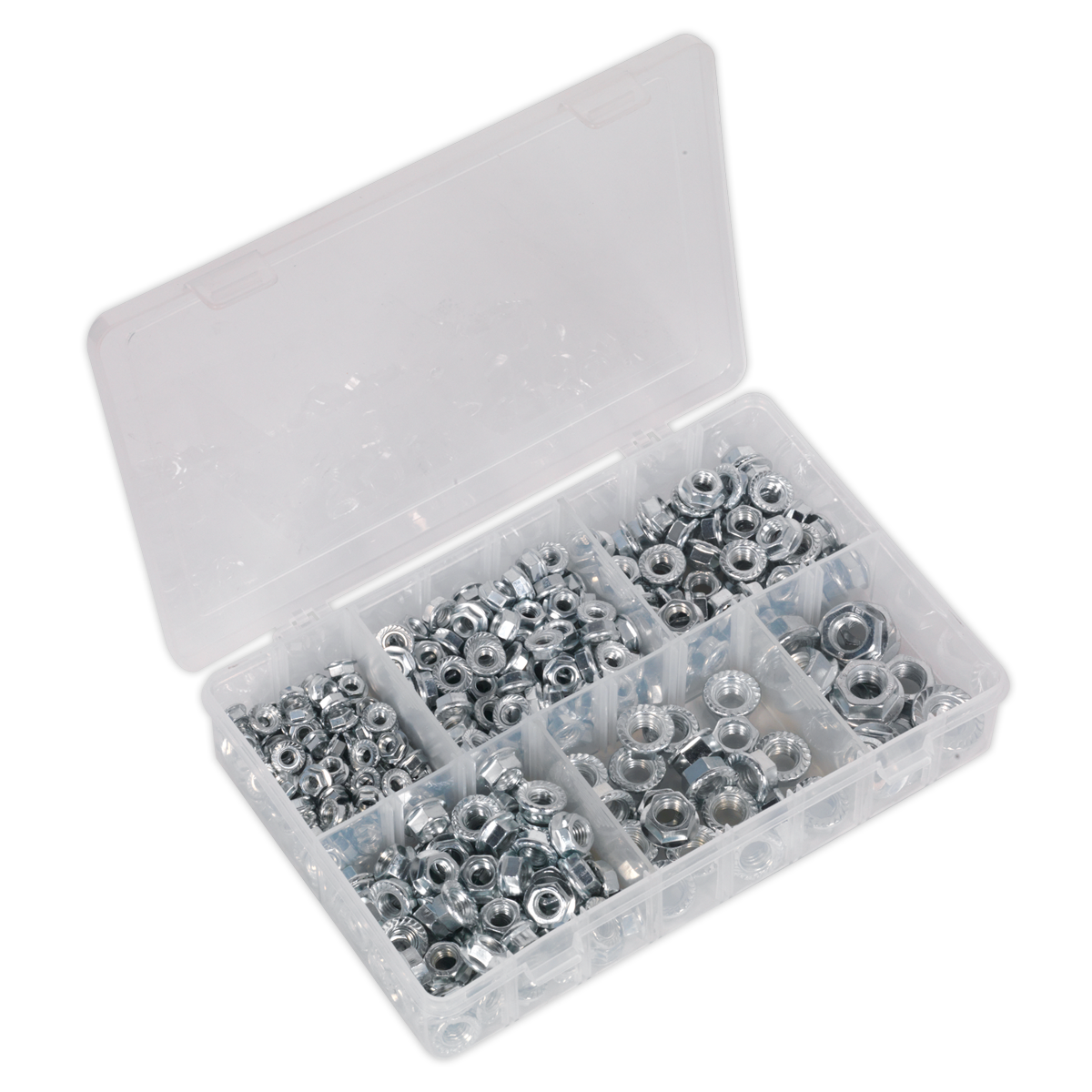 390pc Serrated Flange Nut Assortment DIN 6923 - M5-M12