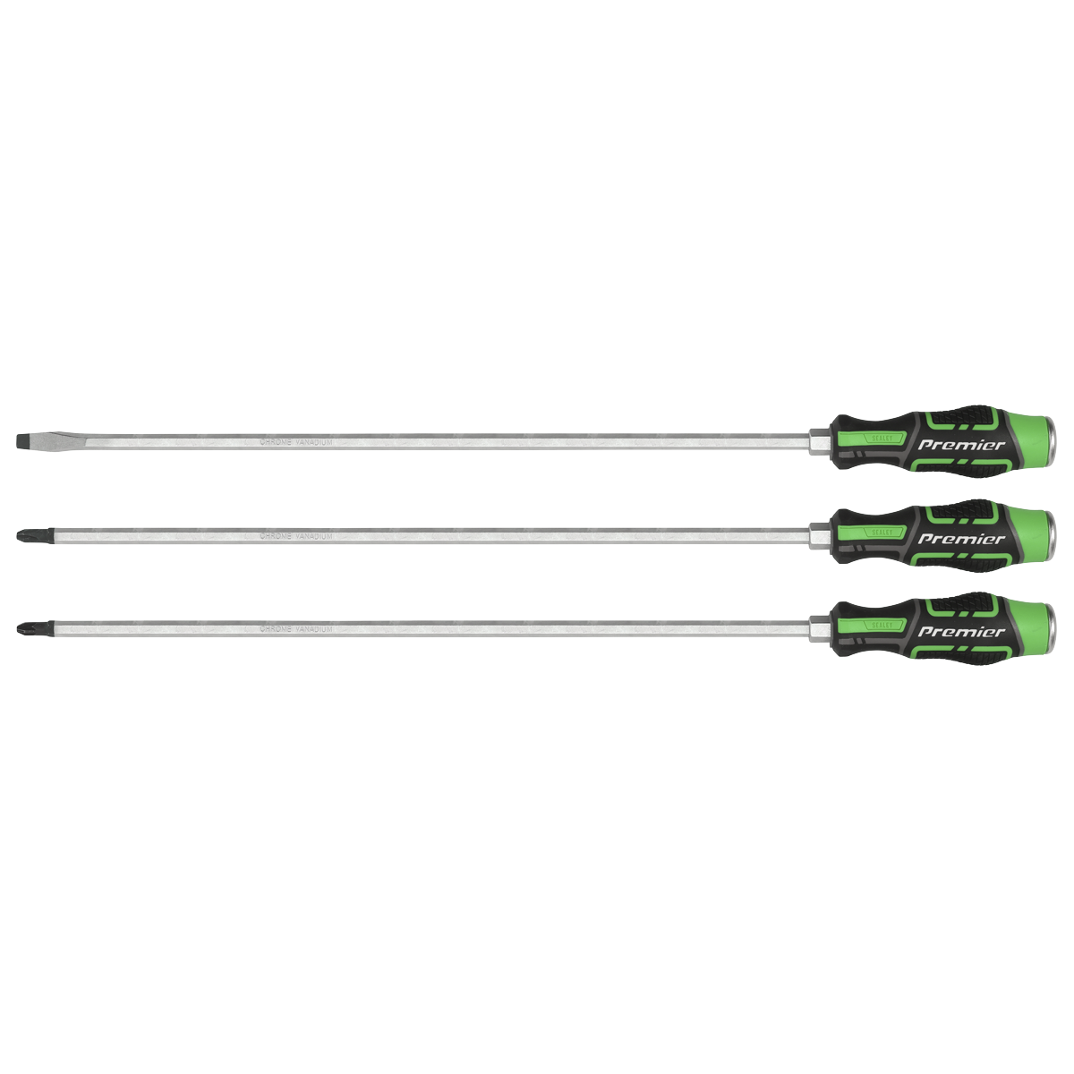 3pc 450mm Extra-Long Hammer-Thru Screwdriver Set Hi-Vis Green