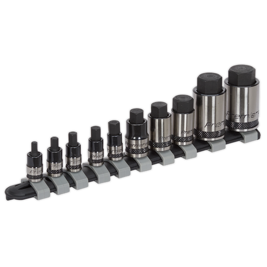 10pc 1/4", 3/8" & 1/2"Sq Drive Stubby Hex Socket Bit Set - Black Series