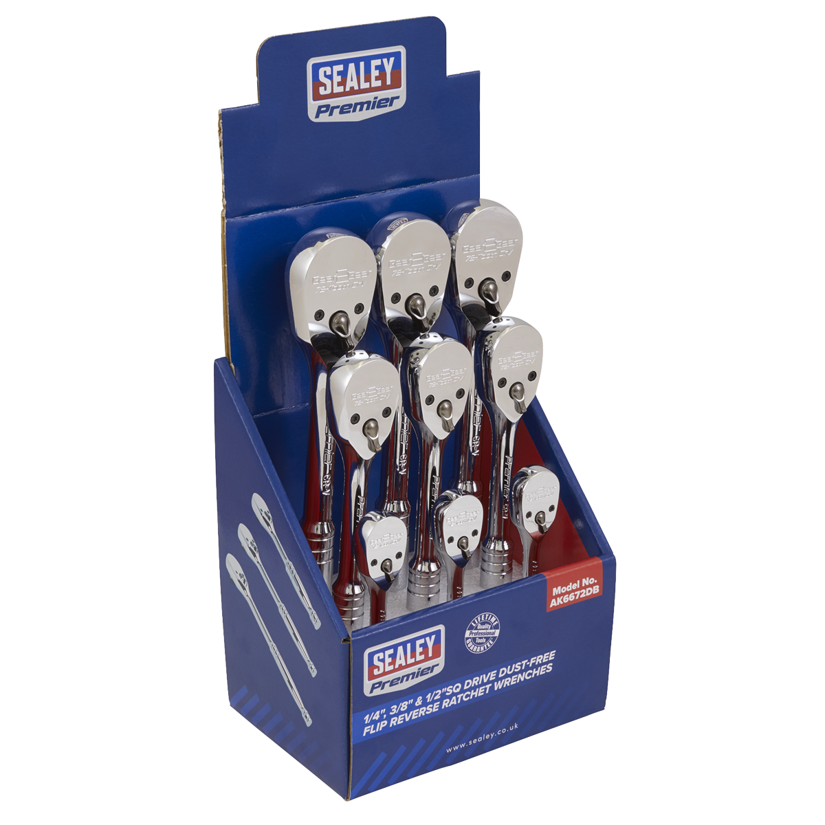 1/4", 3/8" & 1/2"Sq Drive Dust-Free Ratchet Wrenches with Flip Reverse - Display Box of 9