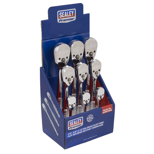 1/4", 3/8" & 1/2"Sq Drive Dust-Free Ratchet Wrenches with Flip Reverse - Display Box of 9