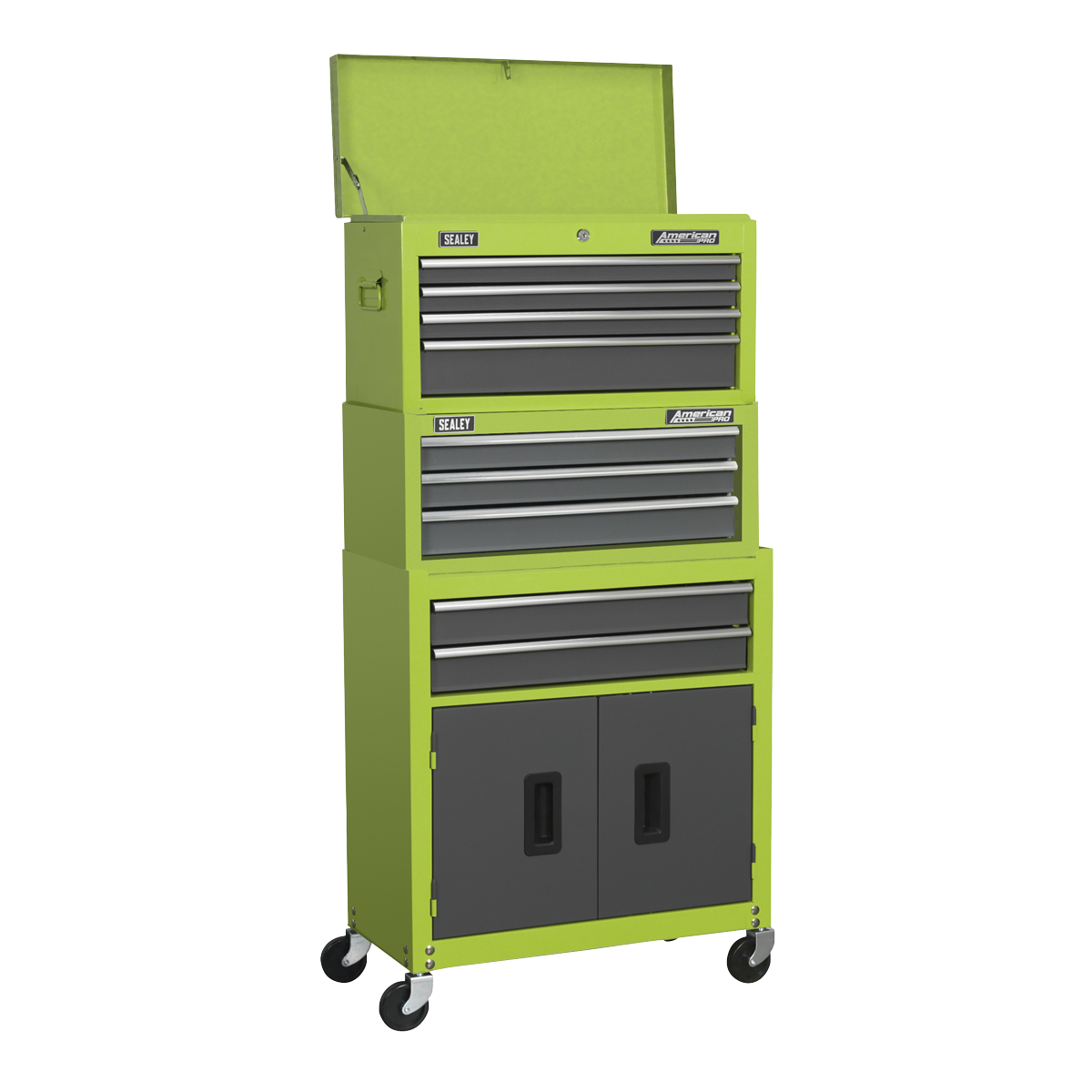 9 Drawer Topchest, Mid-Box & Rollcab Stack - Hi-Vis Green