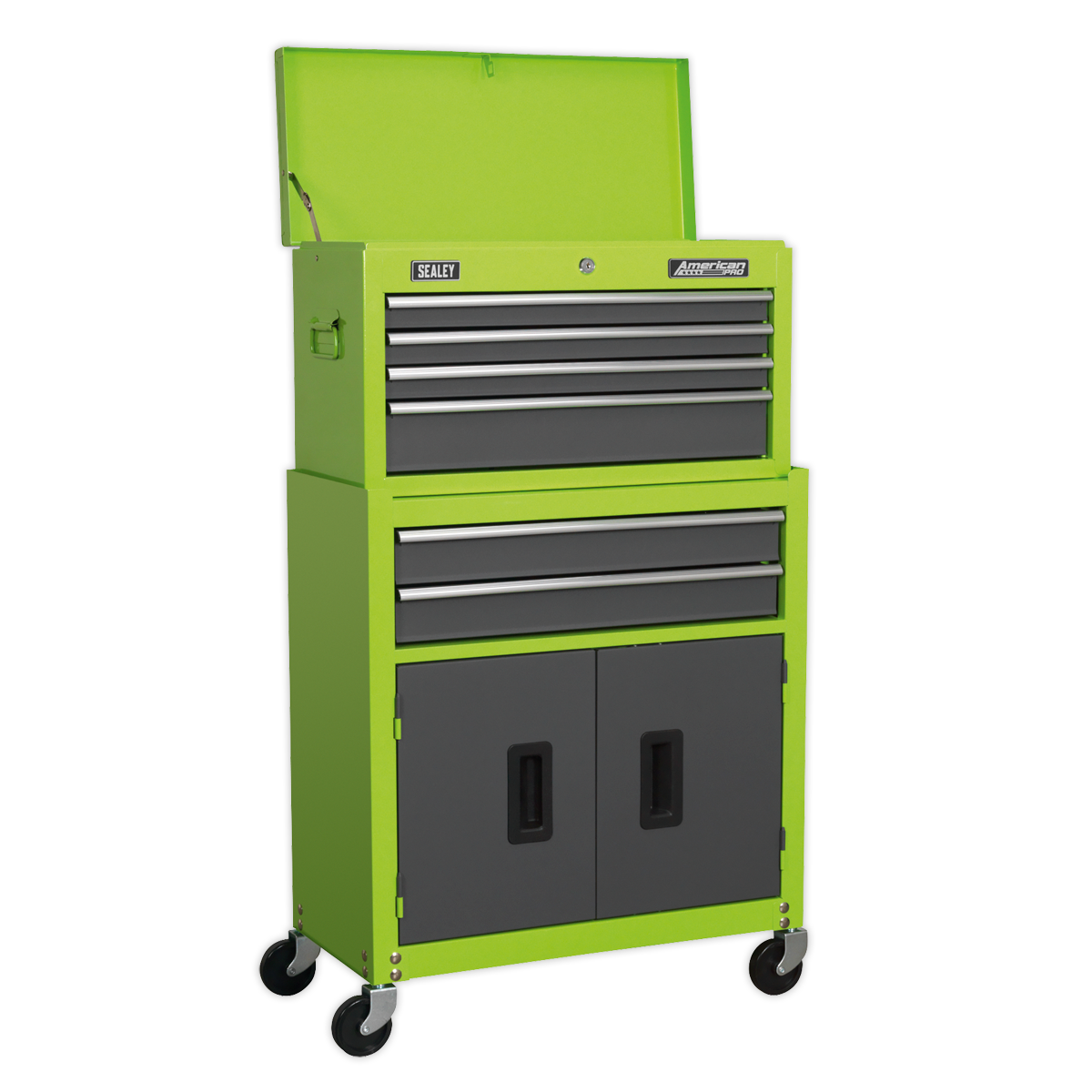 6 Drawer Topchest & Rollcab Combination with Ball-Bearing Slides - Hi-Vis Green/Grey