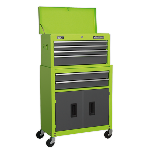 6 Drawer Topchest & Rollcab Combination with Ball-Bearing Slides - Hi-Vis Green/Grey