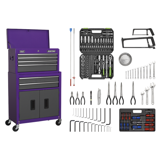 Topchest & Rollcab Combination 6 Drawer with Ball-Bearing Slides - Purple/Grey & 170pc Tool Kit